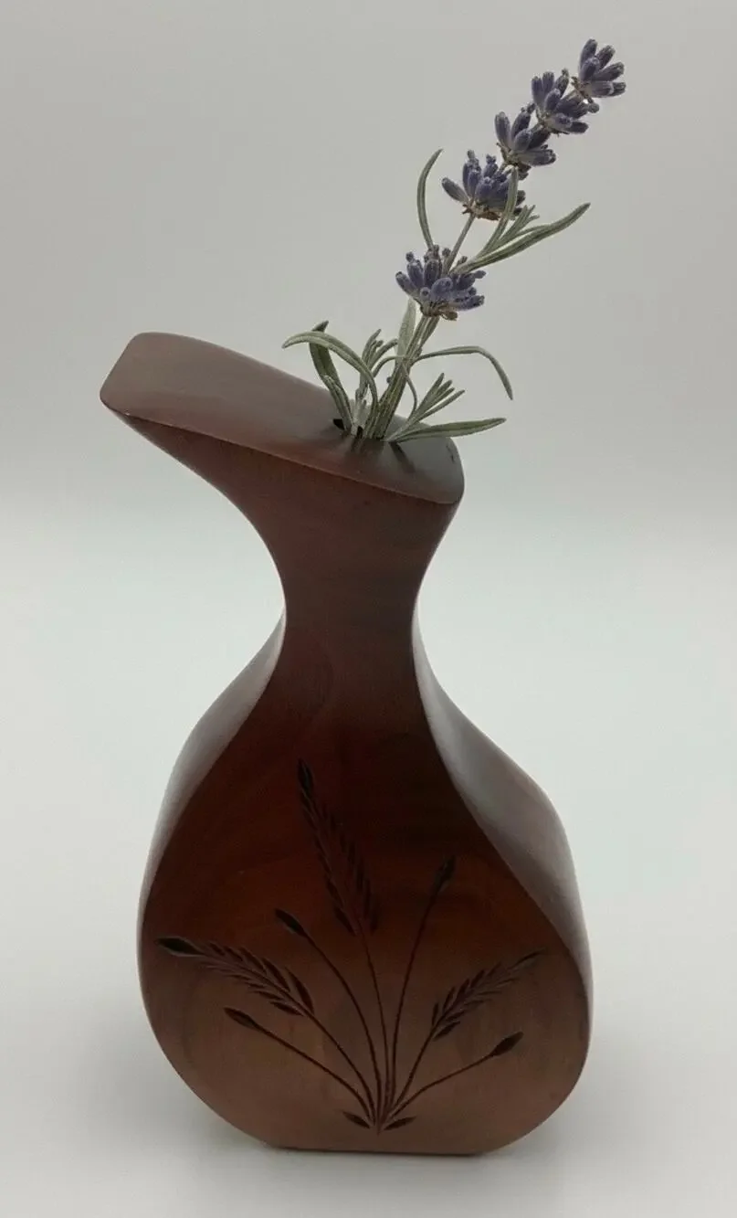 Vintage MCM Wooden Weed Pot Bud Vase Handcrafted Carved Wheat motif